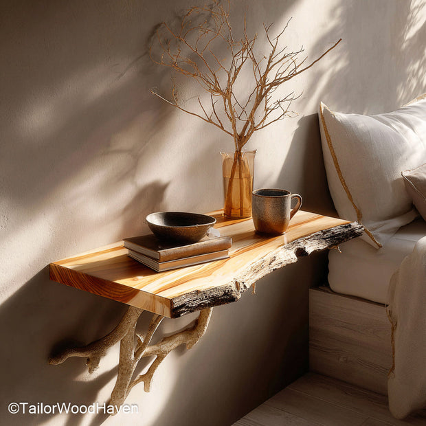 Floating Bed Side Shelf crafted with a minimalist form and real wood grain, perfect for small bedrooms or guest rooms needing sleek wall mounted storage