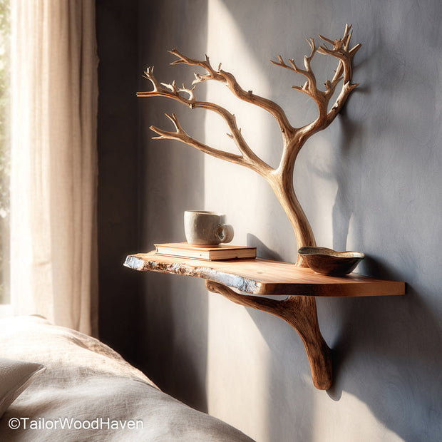 Nightstand Floating Shelf made from smooth solid wood with hidden support, designed as a minimalist and stylish wall mounted alternative to bulky tables