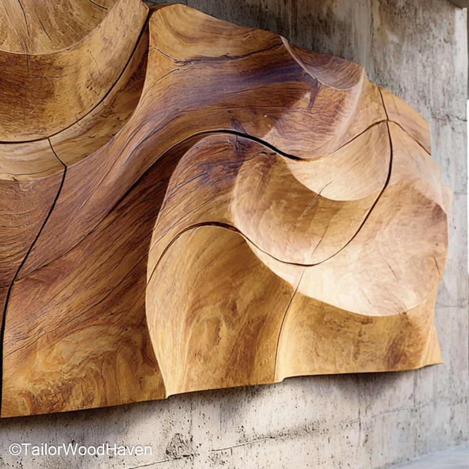 Large Wood Art crafted from bold wood panels with carved or layered texture, designed to serve as a striking centerpiece in spacious wall settings