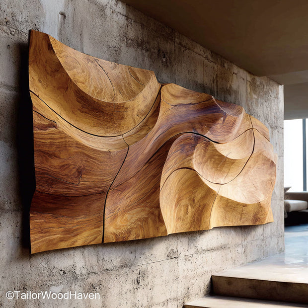 Large Wood Art crafted from bold wood panels with carved or layered texture, designed to serve as a striking centerpiece in spacious wall settings