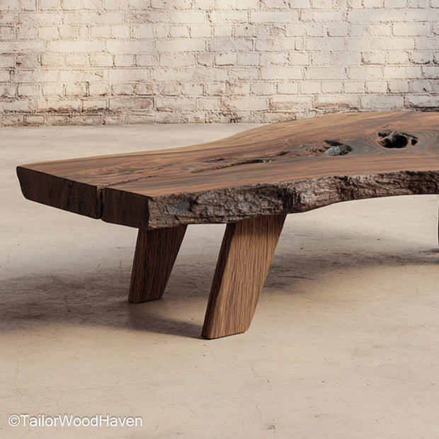 Outdoor live edge coffee table made from sealed hardwood with raw edge and weather resistant finish, perfect for patios, decks, or garden seating