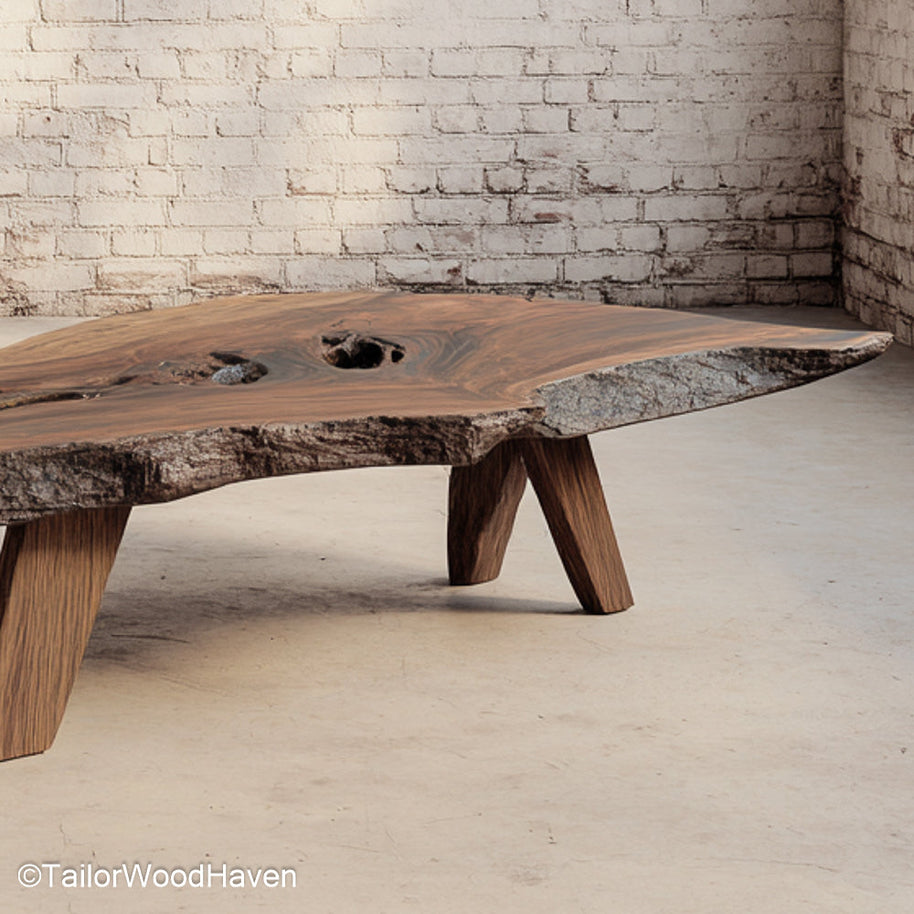 Outdoor live edge coffee table made from sealed hardwood with raw edge and weather resistant finish, perfect for patios, decks, or garden seating