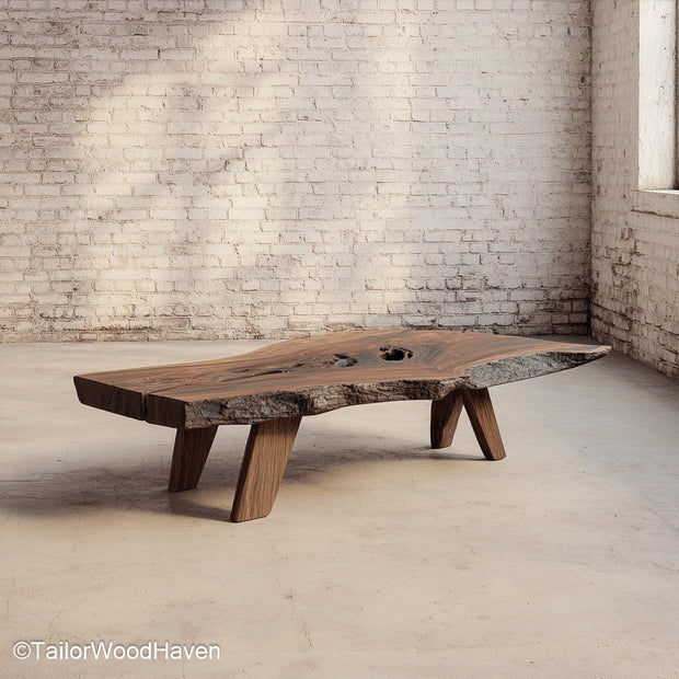Outdoor live edge coffee table made from sealed hardwood with raw edge and weather resistant finish, perfect for patios, decks, or garden seating