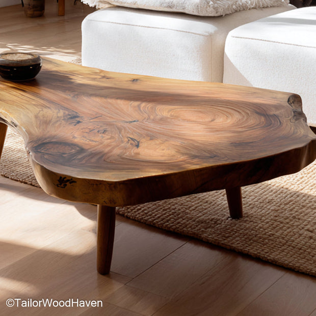 Natural wood edge coffee table made from real wood with slightly irregular edge and smooth surface, perfect for relaxed or bohemian interiors