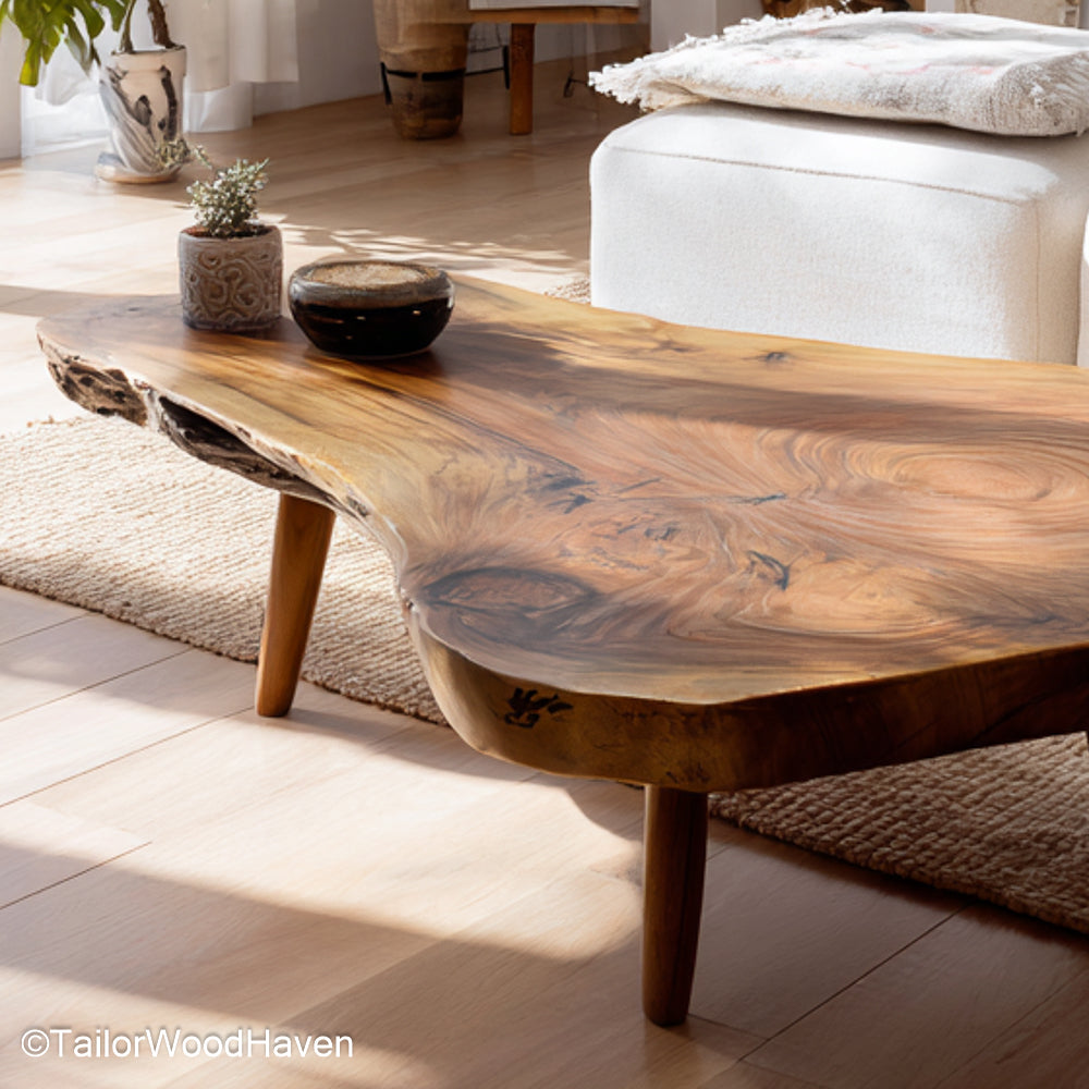Natural wood edge coffee table made from real wood with slightly irregular edge and smooth surface, perfect for relaxed or bohemian interiors