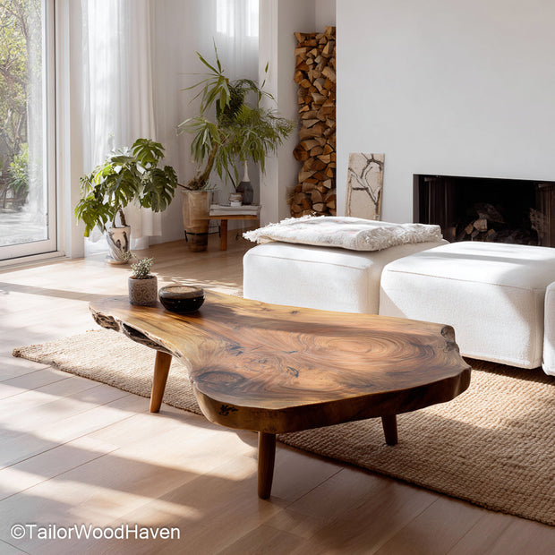 Natural wood edge coffee table made from real wood with slightly irregular edge and smooth surface, perfect for relaxed or bohemian interiors