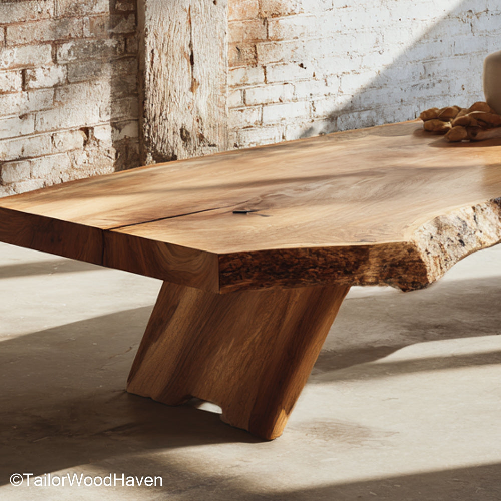 Natural slab coffee table crafted from thick hardwood slab with hand finished top and raw perimeter, ideal for centerpieces in rustic homes