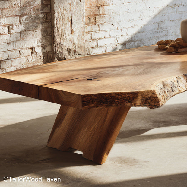 Natural slab coffee table crafted from thick hardwood slab with hand finished top and raw perimeter, ideal for centerpieces in rustic homes