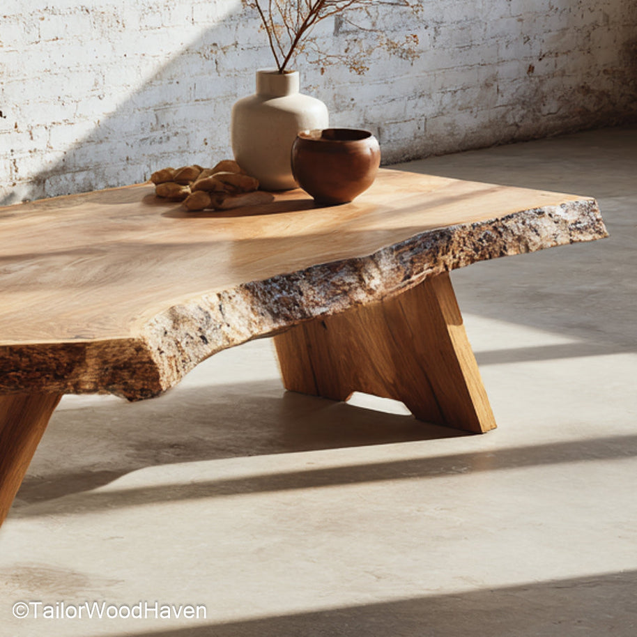 Natural slab coffee table crafted from thick hardwood slab with hand finished top and raw perimeter, ideal for centerpieces in rustic homes
