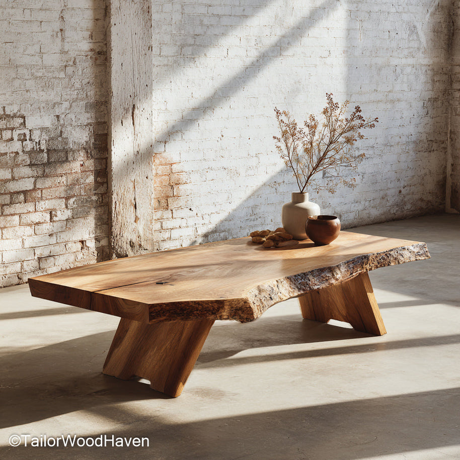 Natural slab coffee table crafted from thick hardwood slab with hand finished top and raw perimeter, ideal for centerpieces in rustic homes