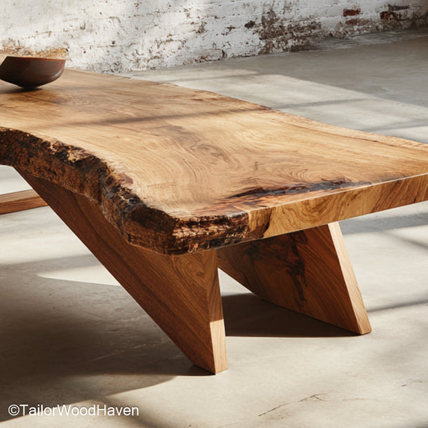 Natural live edge coffee table built with solid timber and a hand shaped edge that highlights its grain, perfect for cozy or earthy interiors