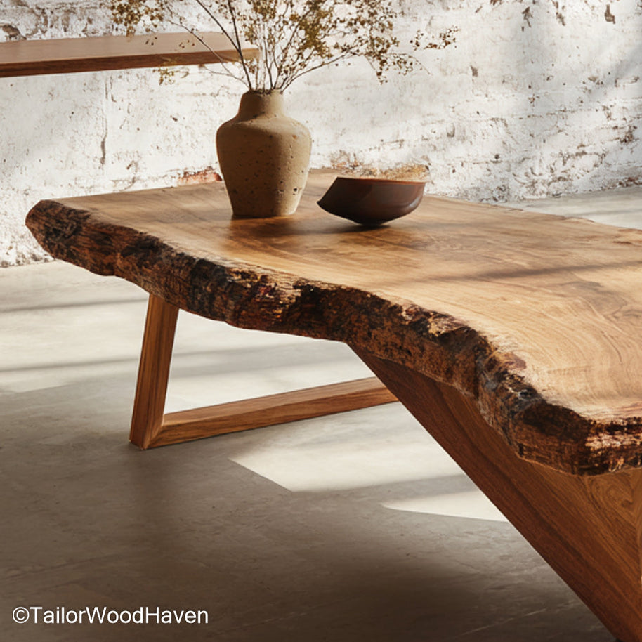 Natural live edge coffee table built with solid timber and a hand shaped edge that highlights its grain, perfect for cozy or earthy interiors