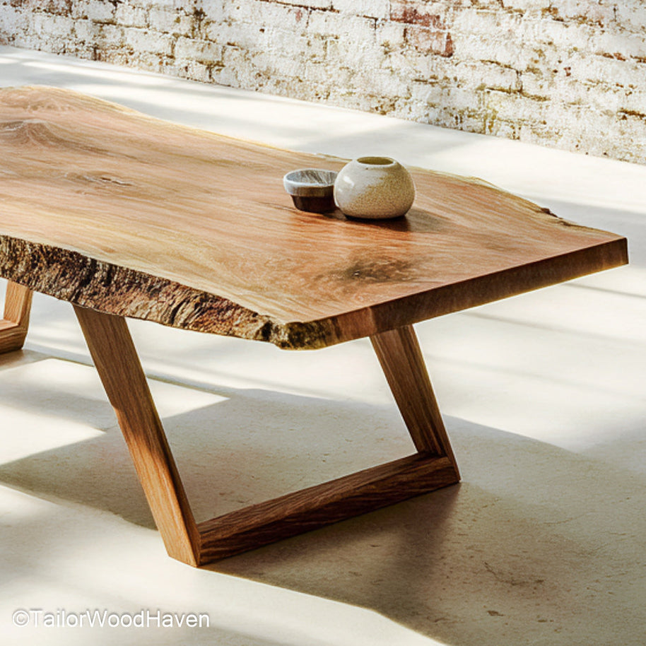 Rustic wood slab coffee table made from reclaimed timber with aged character and solid leg frame, perfect for farmhouse or cottage style homes