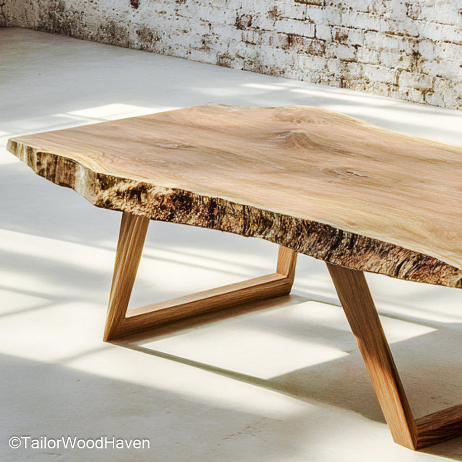Rustic wood slab coffee table made from reclaimed timber with aged character and solid leg frame, perfect for farmhouse or cottage style homes