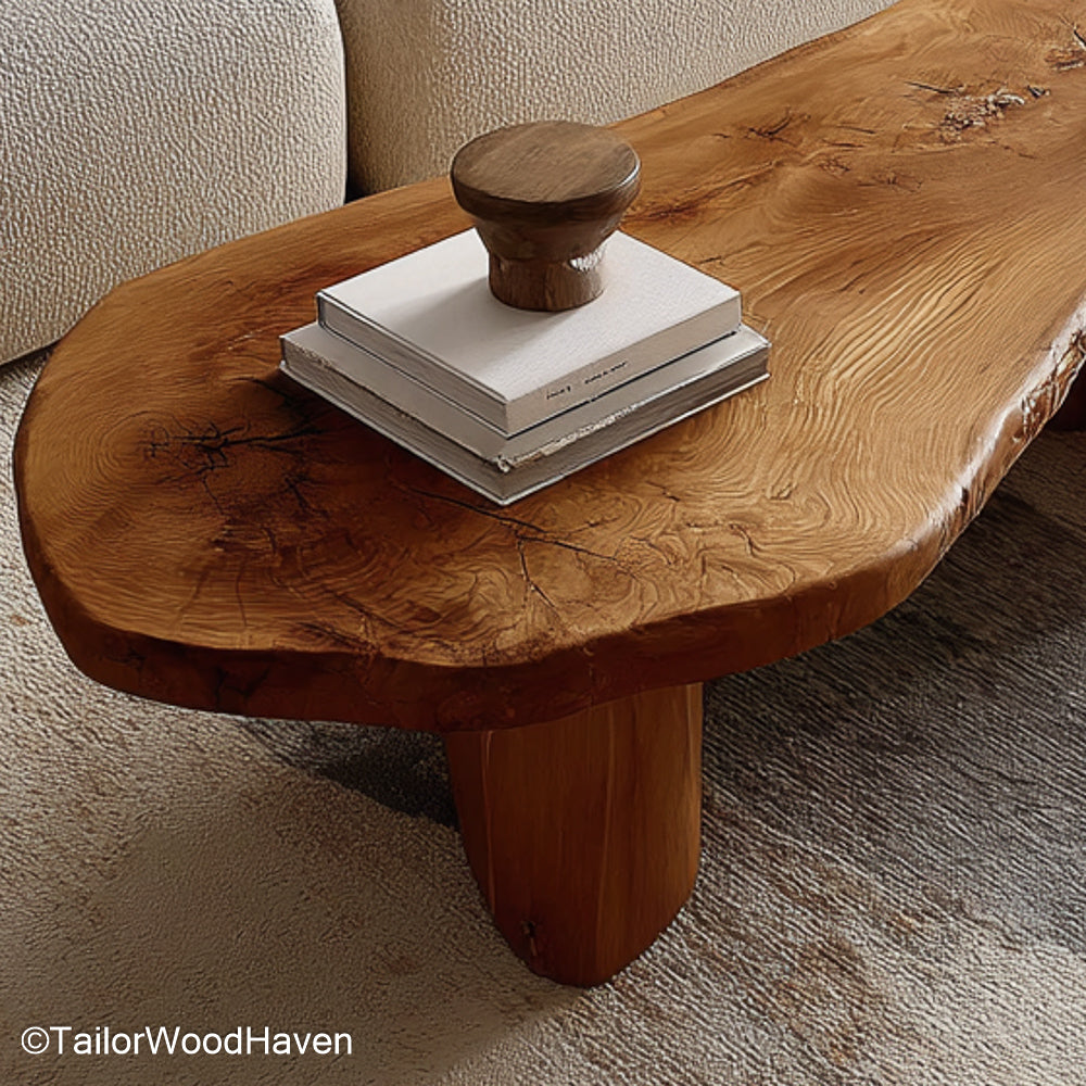 Rustic slab coffee table crafted from weathered wood with natural edges and bold surface, ideal for living rooms with earthy, vintage charm