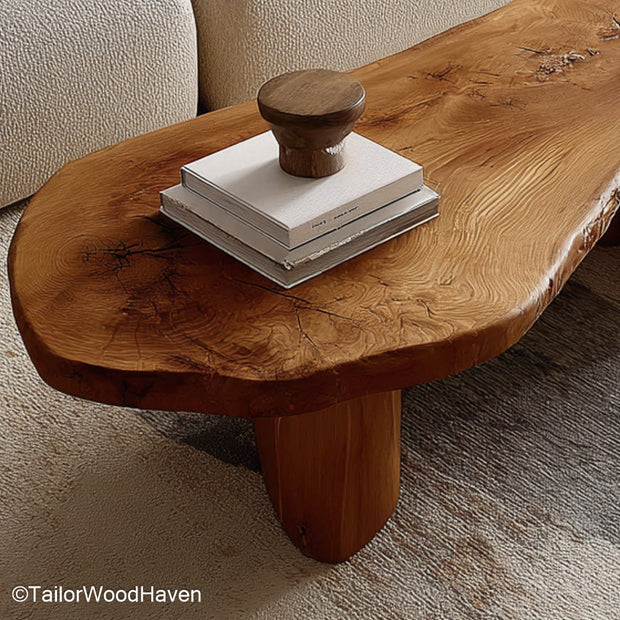 Rustic slab coffee table crafted from weathered wood with natural edges and bold surface, ideal for living rooms with earthy, vintage charm
