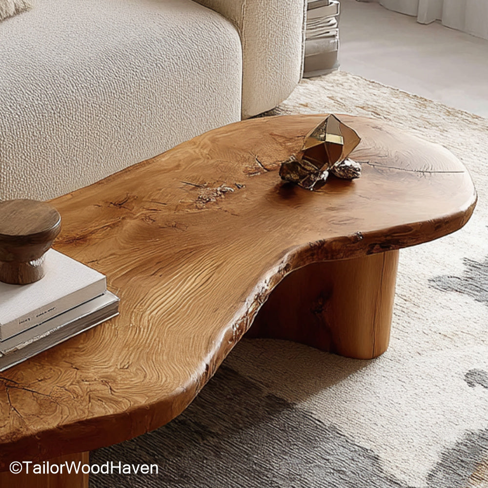 Rustic slab coffee table crafted from weathered wood with natural edges and bold surface, ideal for living rooms with earthy, vintage charm