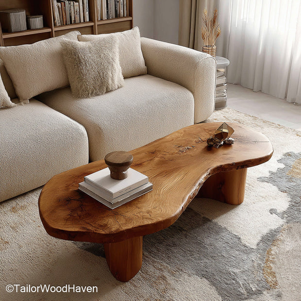 Rustic slab coffee table crafted from weathered wood with natural edges and bold surface, ideal for living rooms with earthy, vintage charm