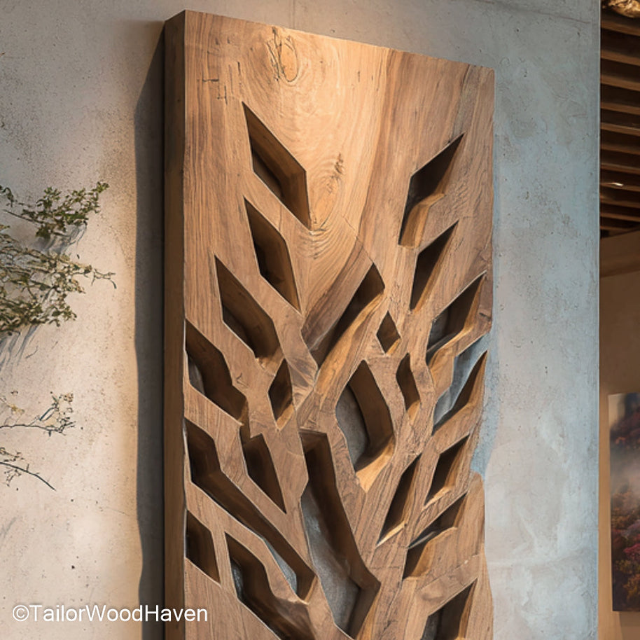 Wooden Wall Art for Living Room Handcrafted Wooden Wall Art for Living Room Spaces, Featuring Natural Grain, Carved Texture, and Rustic Warmth