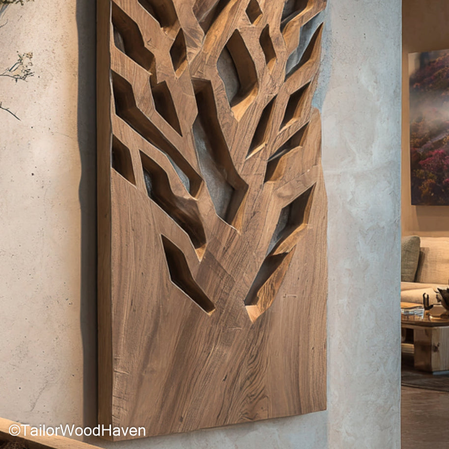 Wooden Wall Art for Living Room Handcrafted Wooden Wall Art for Living Room Spaces, Featuring Natural Grain, Carved Texture, and Rustic Warmth