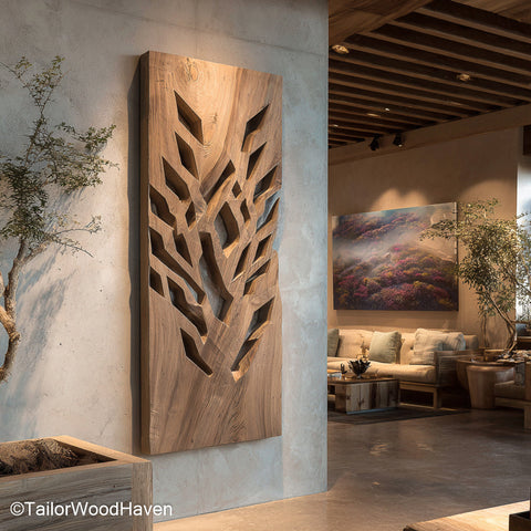 Wooden Wall Art for Living Room Handcrafted Wooden Wall Art for Living Room Spaces, Featuring Natural Grain, Carved Texture, and Rustic Warmth