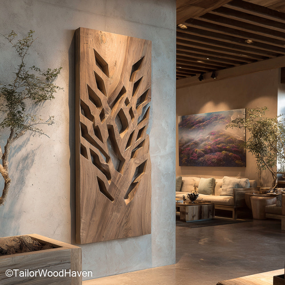 Wooden Wall Art for Living Room Handcrafted Wooden Wall Art for Living Room Spaces, Featuring Natural Grain, Carved Texture, and Rustic Warmth
