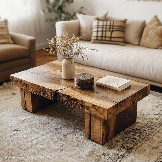 Wood Slab Coffee Table Legs made from natural hardwood slabs with unique grain and sturdy custom legs, perfect for rustic or modern living spaces