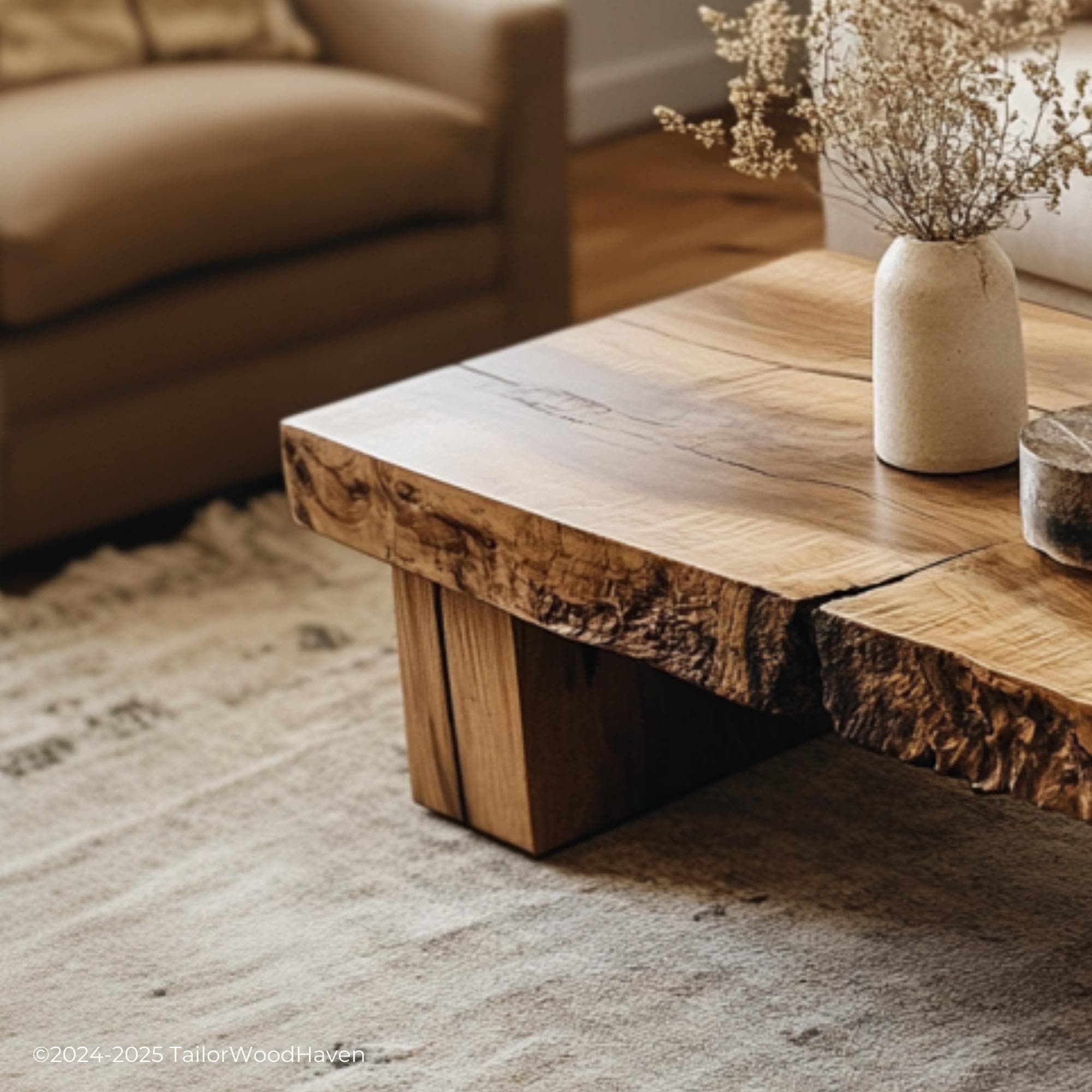 Wood Slab Coffee Table Legs made from natural hardwood slabs with unique grain and sturdy custom legs, perfect for rustic or modern living spaces
