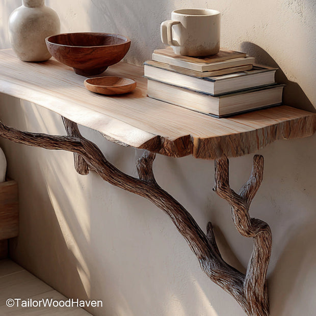 Wall Mounted Nightstand handcrafted in hardwood with floating installation and sleek profile, designed for modern or rustic space saving wall decor