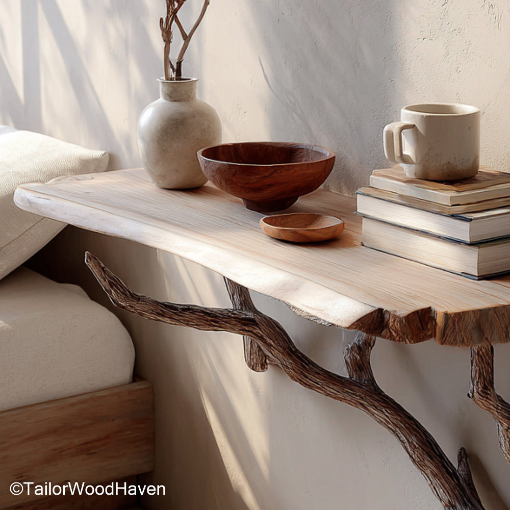 Wall Mounted Nightstand handcrafted in hardwood with floating installation and sleek profile, designed for modern or rustic space saving wall decor