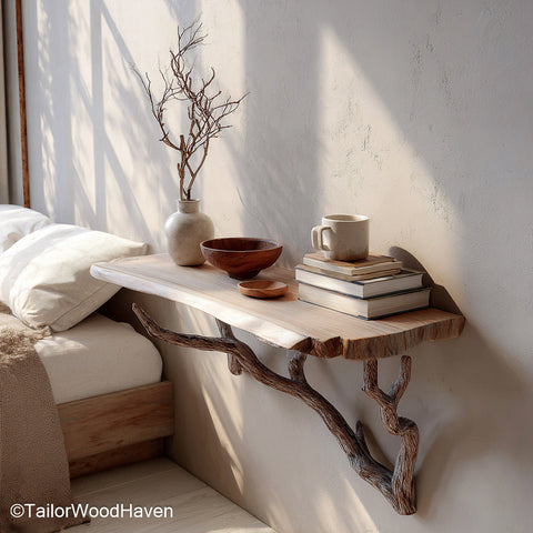 Wall Mounted Nightstand handcrafted in hardwood with floating installation and sleek profile, designed for modern or rustic space saving wall decor