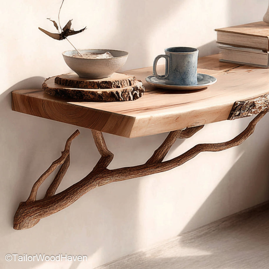 Wall Mounted Side Table made from solid timber with sleek contours and wall mounted design, perfect for modern or rustic living and bedroom interiors