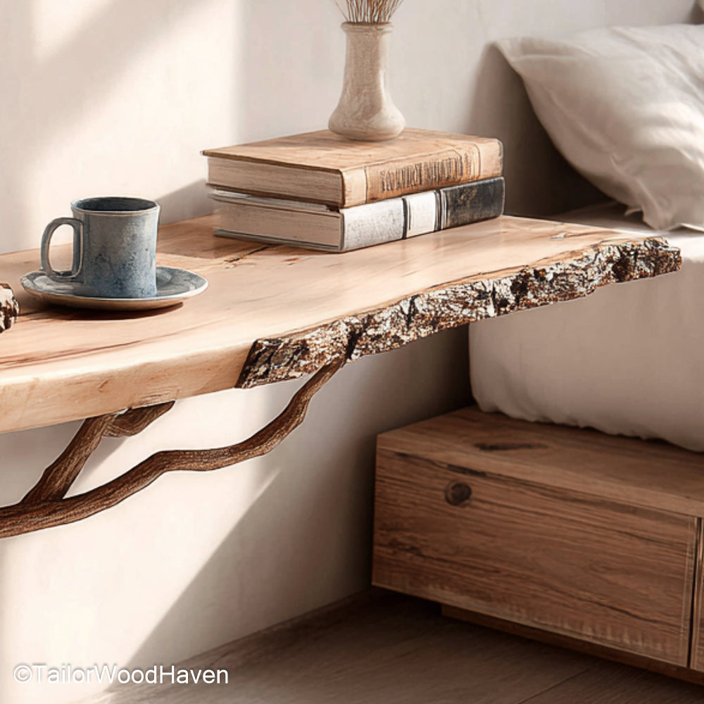 Wall Mounted Side Table made from solid timber with sleek contours and wall mounted design, perfect for modern or rustic living and bedroom interiors