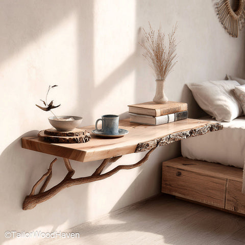 Wall Mounted Side Table made from solid timber with sleek contours and wall mounted design, perfect for modern or rustic living and bedroom interiors