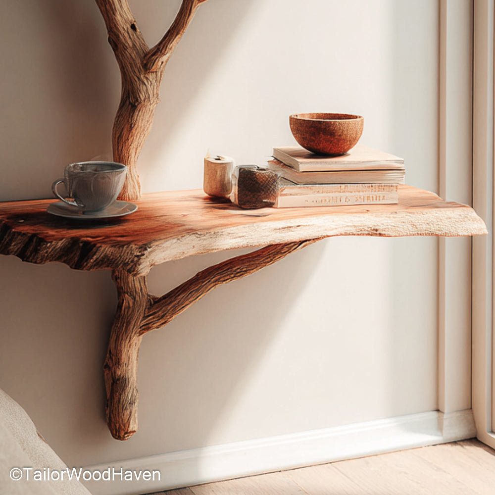 Wall Hanging Bedside Table made from natural timber with subtle grain and smooth finish, ideal for compact bedrooms needing warm floating functionality