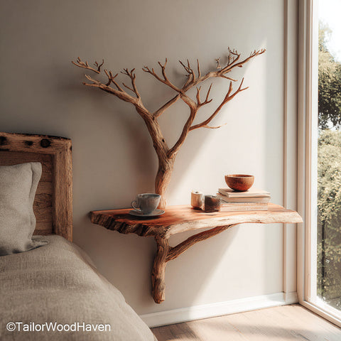 Wall Hanging Bedside Table made from natural timber with subtle grain and smooth finish, ideal for compact bedrooms needing warm floating functionality