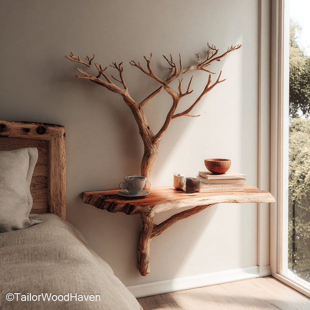 Wall Hanging Bedside Table made from natural timber with subtle grain and smooth finish, ideal for compact bedrooms needing warm floating functionality