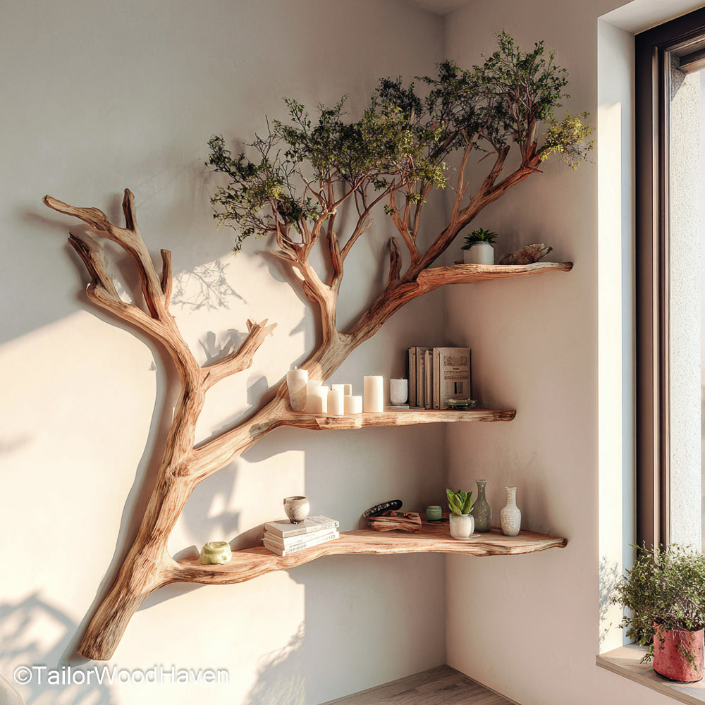 Tree-shaped wall bookshelf with branches and leafy top holding shelves of books and candles