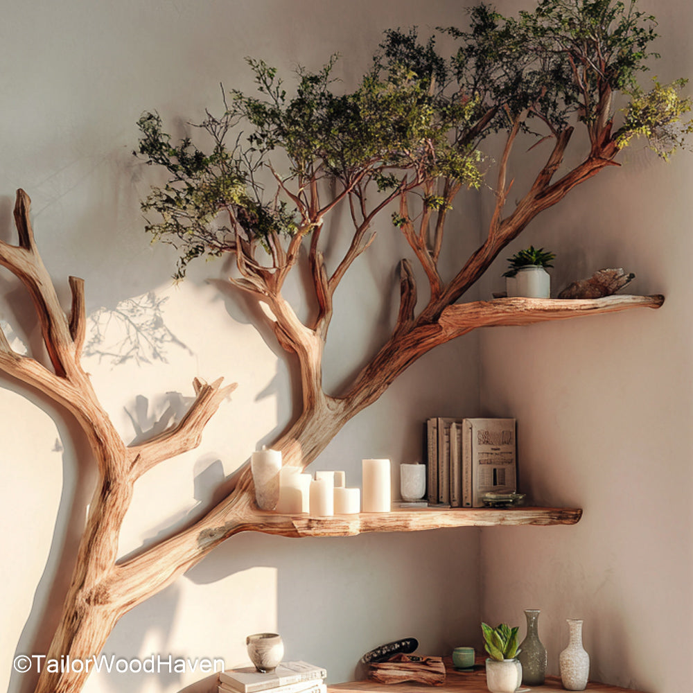 Wisdom tree wooden bookshelf with branching shelves in a room corner by a window