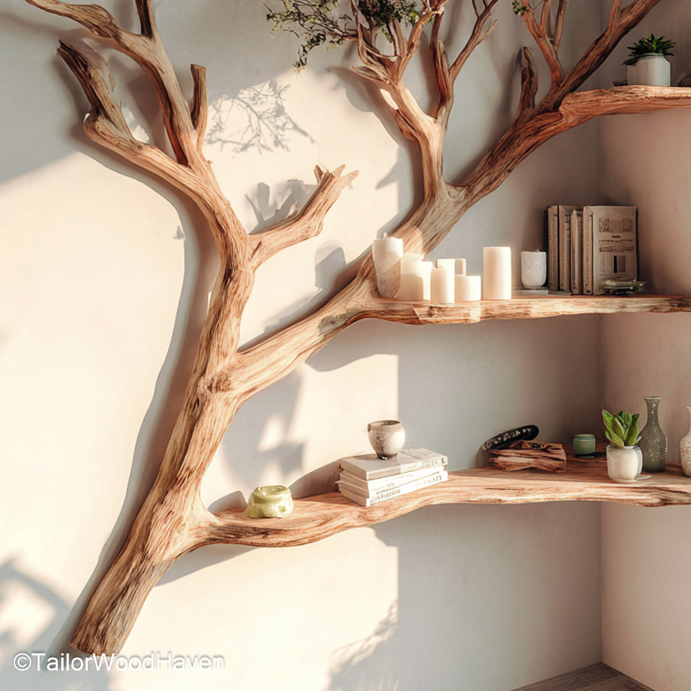 Close view of the tree bookshelf branches holding shelves with candles and books