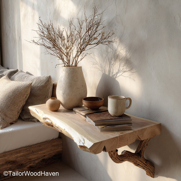 Floating Bedside Nightstand crafted from solid wood with a sleek wall mounted design, ideal for modern bedrooms with limited floor space