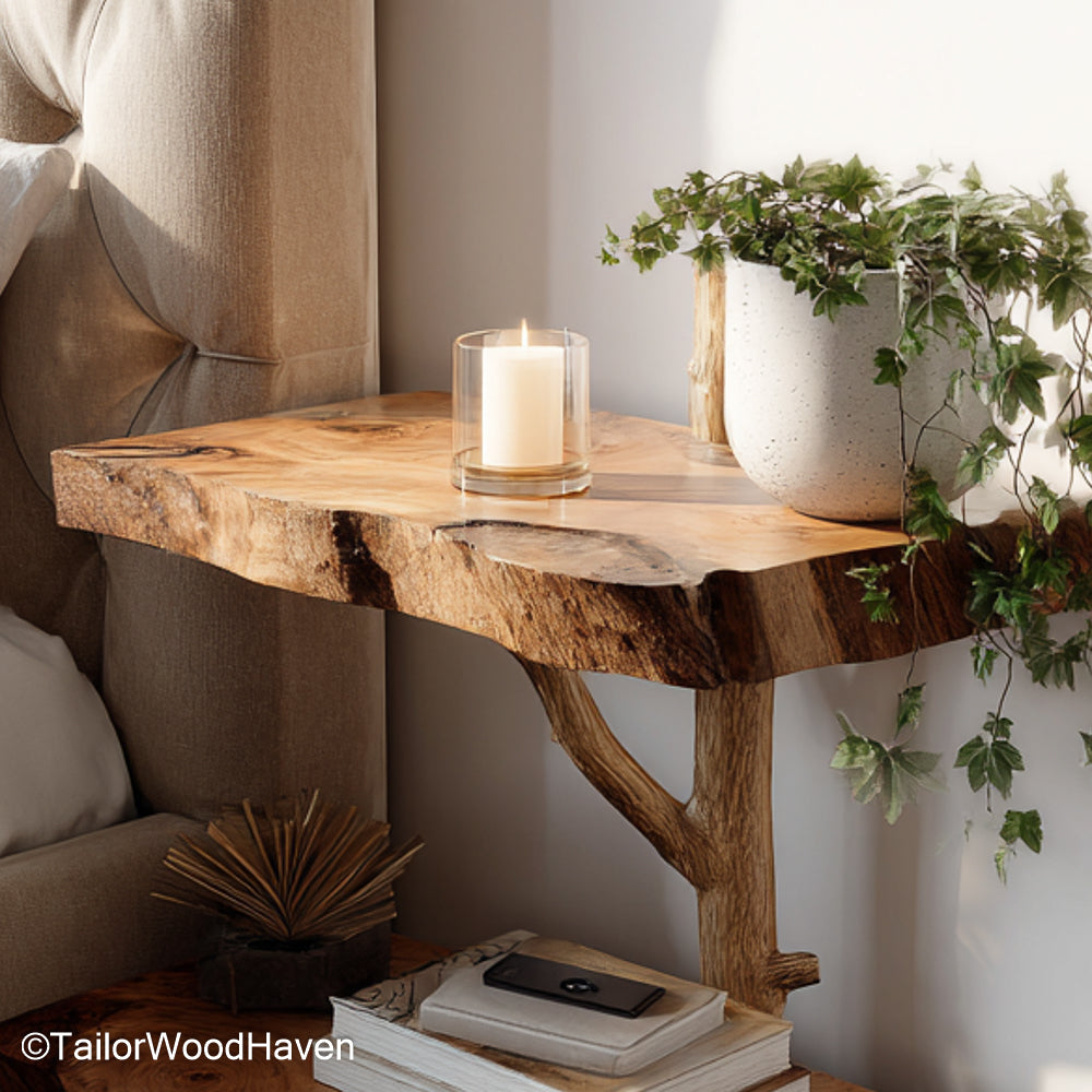 Floating bed tables made from solid wood with wall mounted frames, designed as a clean and symmetrical storage solution on both sides of the bed