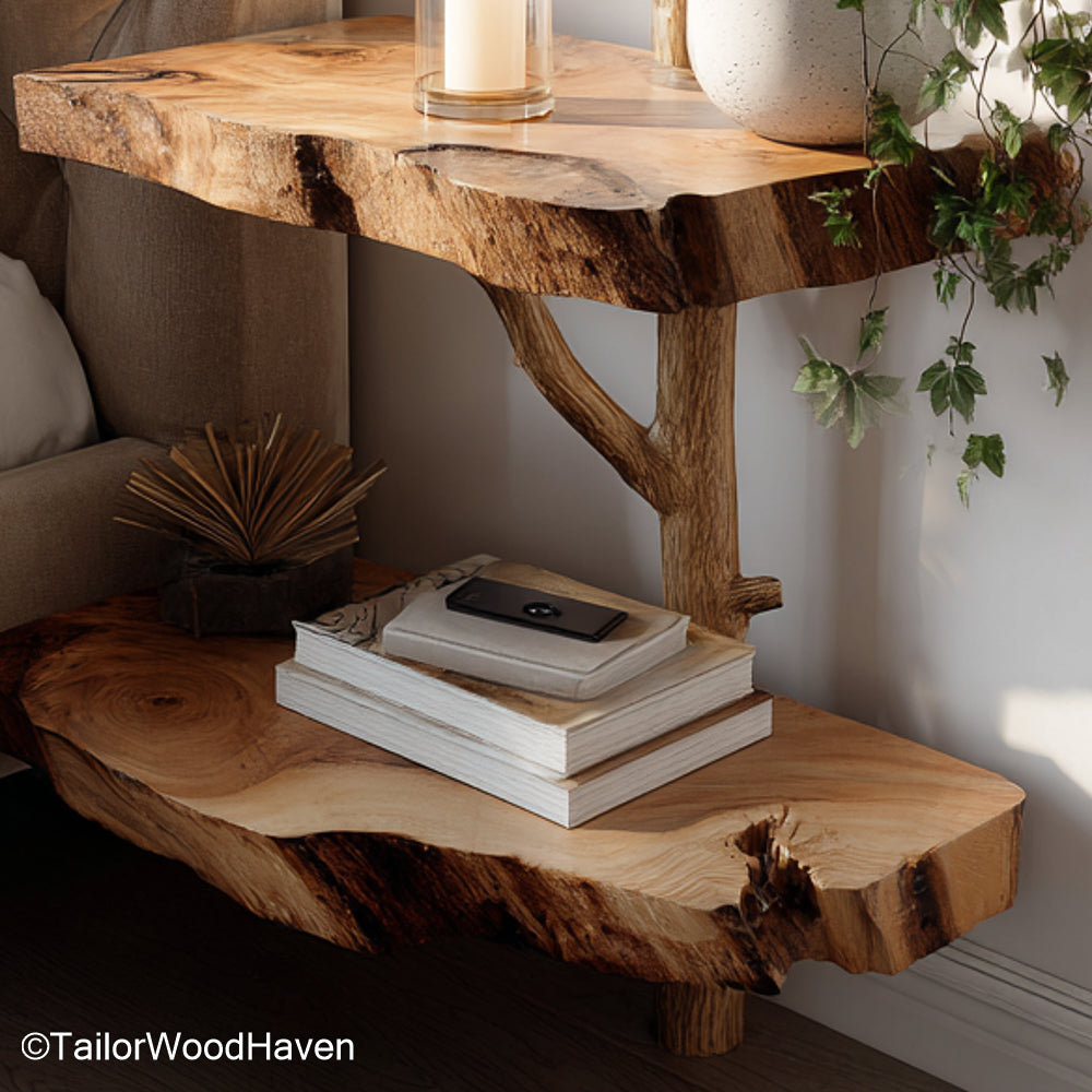 Floating bed tables made from solid wood with wall mounted frames, designed as a clean and symmetrical storage solution on both sides of the bed