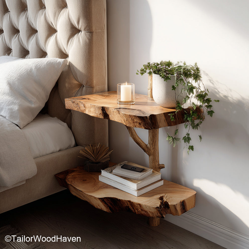 Floating bed tables made from solid wood with wall mounted frames, designed as a clean and symmetrical storage solution on both sides of the bed