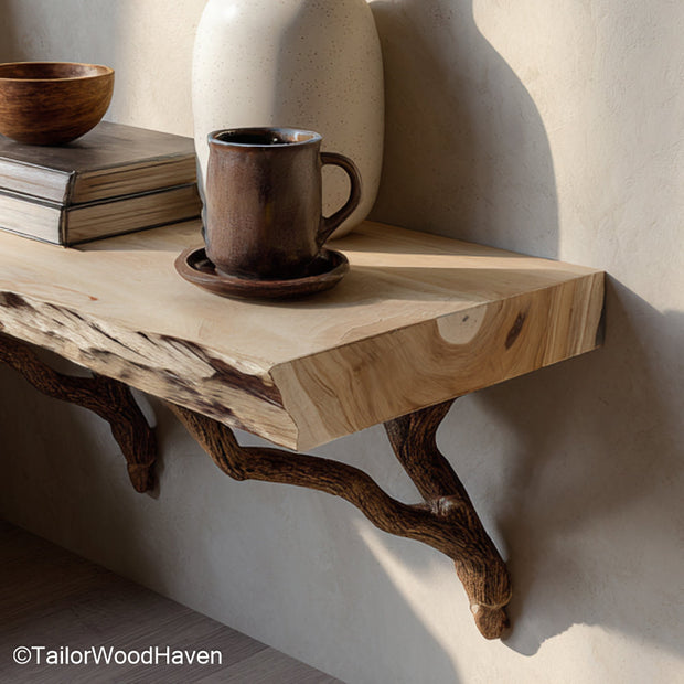 Wall Hung Bedside Table made from solid wood with clean floating structure and natural finish, ideal for saving space beside beds in cozy bedrooms