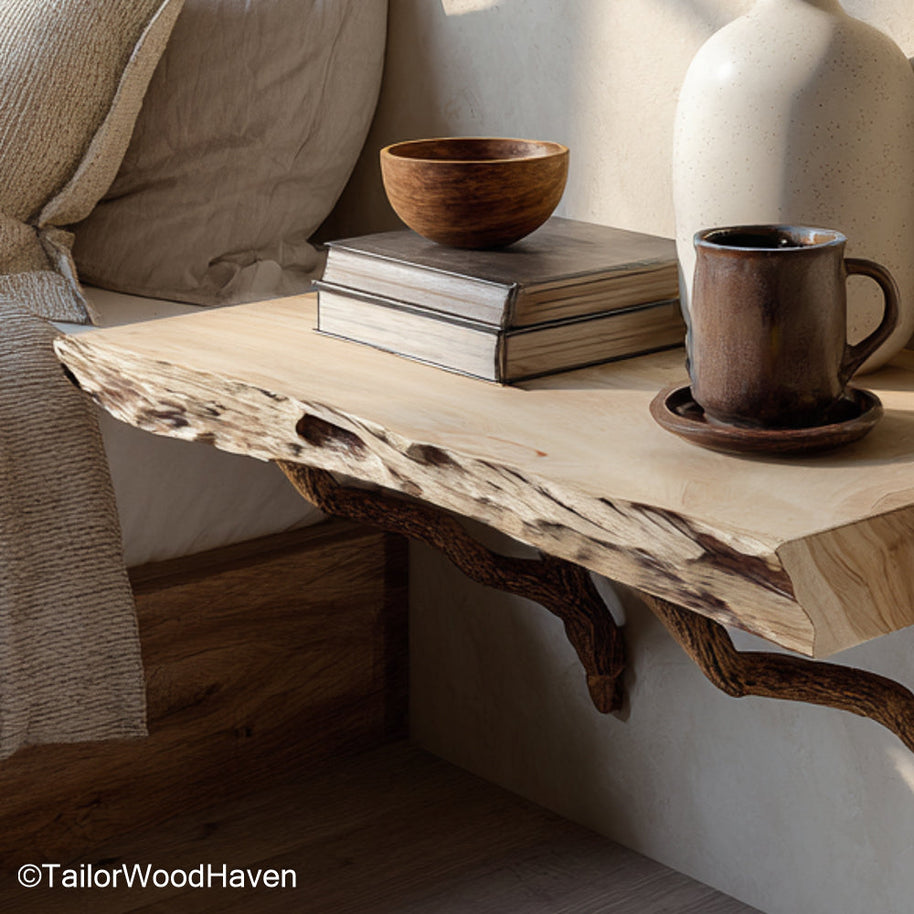 Wall Hung Bedside Table made from solid wood with clean floating structure and natural finish, ideal for saving space beside beds in cozy bedrooms