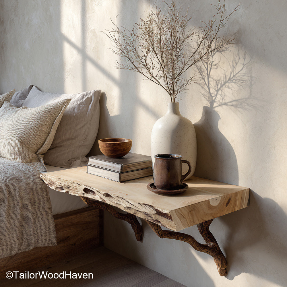 Wall Hung Bedside Table made from solid wood with clean floating structure and natural finish, ideal for saving space beside beds in cozy bedrooms