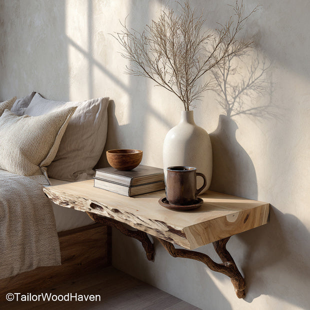 Wall Hung Bedside Table made from solid wood with clean floating structure and natural finish, ideal for saving space beside beds in cozy bedrooms