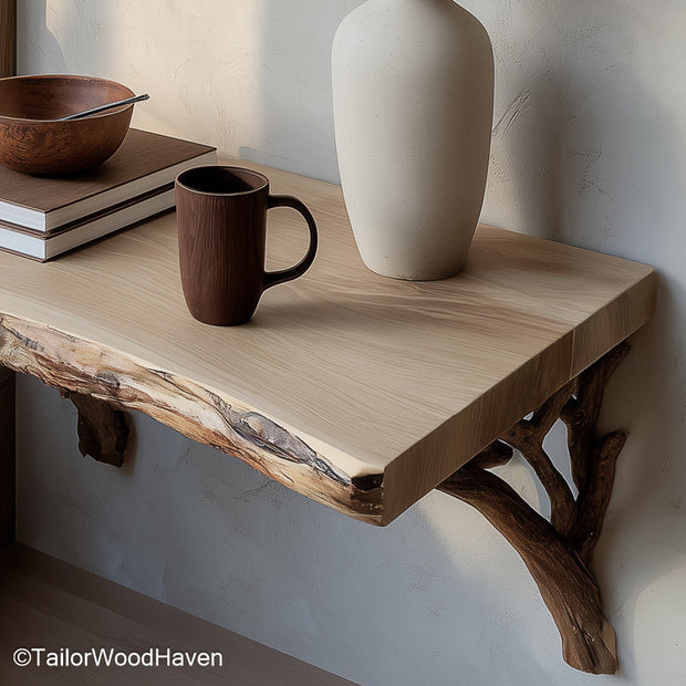 Wood floating bedside table made from solid timber with a soft finish and minimalist floating frame, perfect for rustic or modern sleeping areas