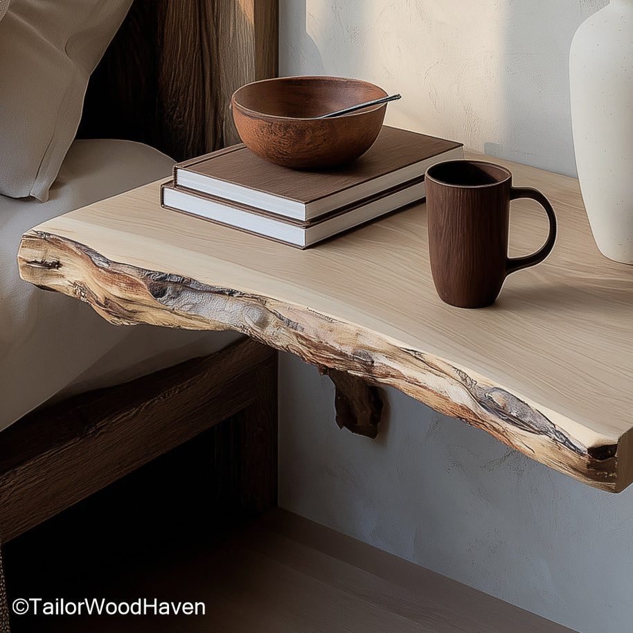 Wood floating bedside table made from solid timber with a soft finish and minimalist floating frame, perfect for rustic or modern sleeping areas